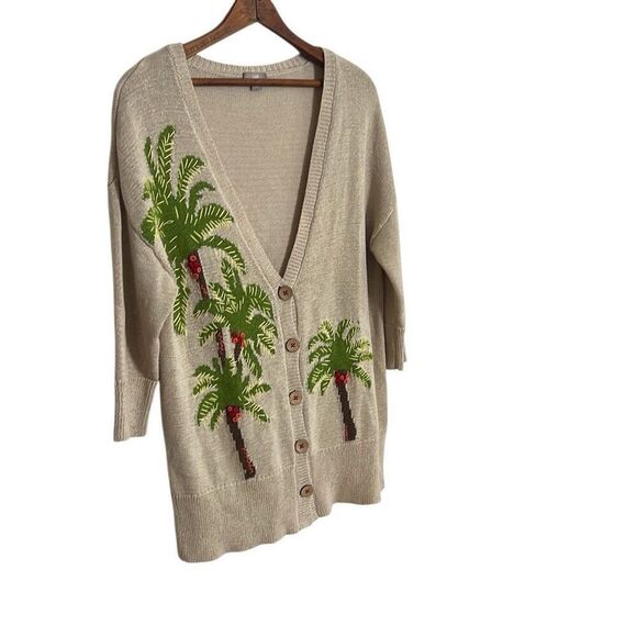 J. Jill Linen Blend Embroidered Palm Tree Button Front Cardigan Cream Size Small - Picture 3 of 11